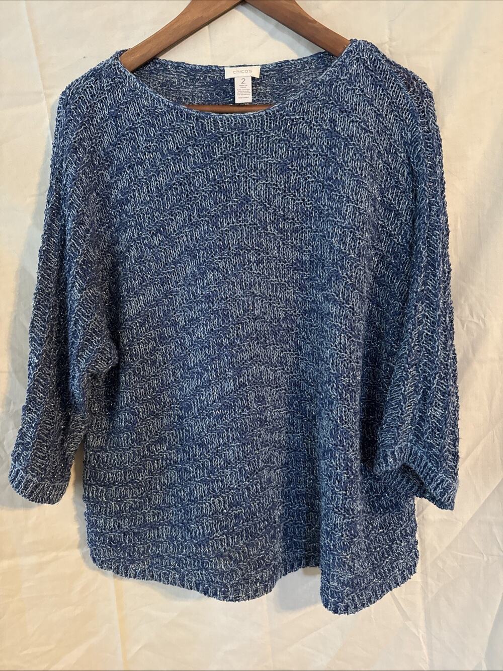 Chico's Blue Variegated, Silver Metallic Threads Women's Sweater Size 2, Large
